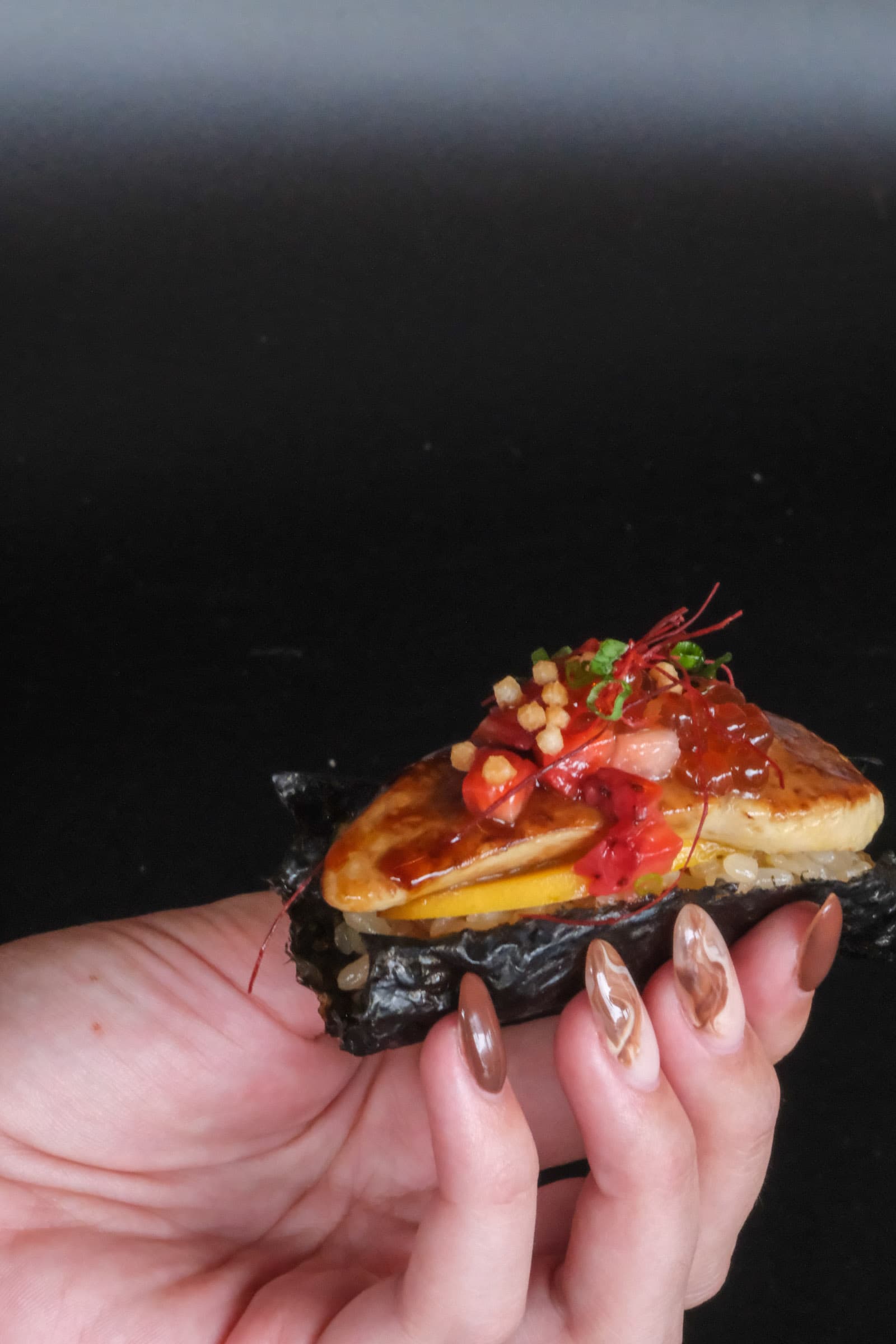 Luxurious foie gras handroll with sweet glaze