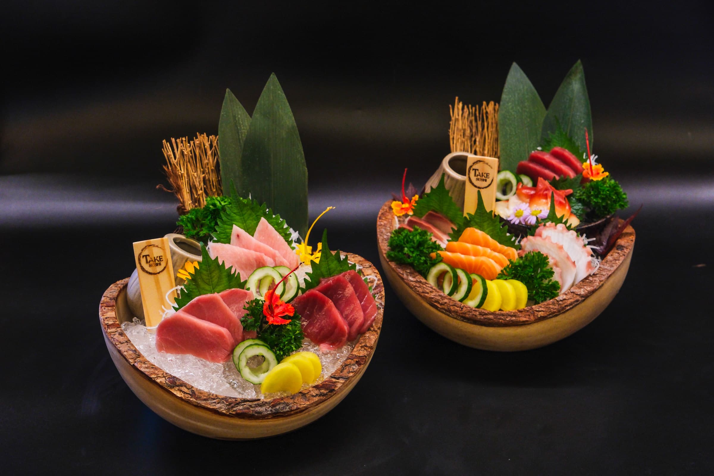 Signature sashimi bowls with TAKE branding